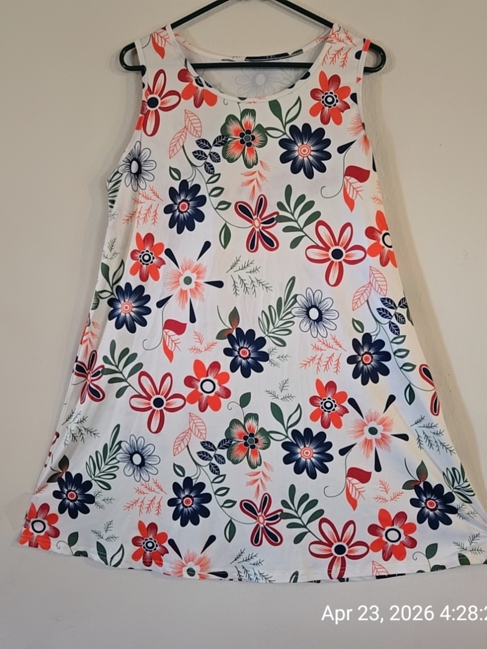 White Floral A-Line Sundress with Navy & Coral Flowers
